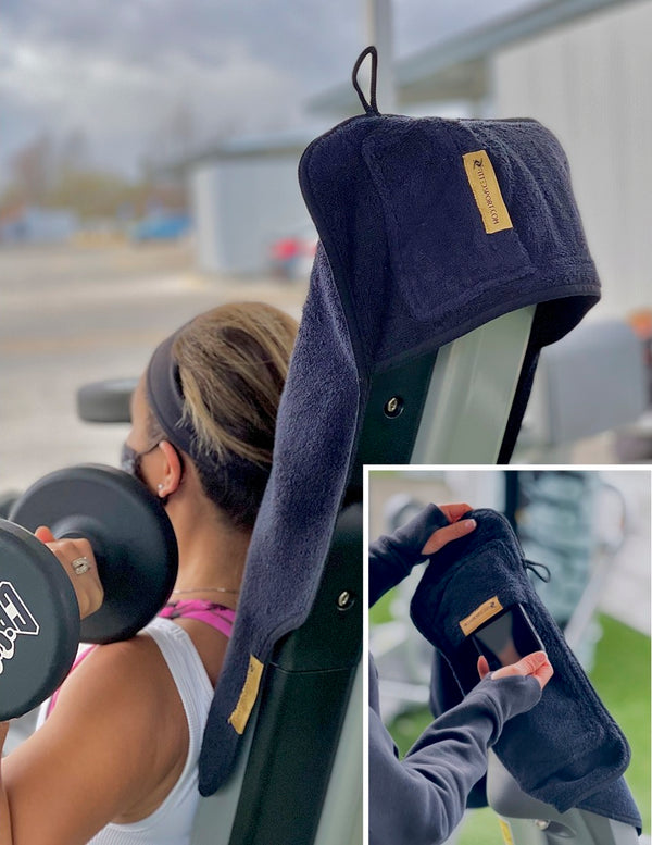 Workout Towel by Fitted Sport. Mini Bench Towel that holds your phone and key.